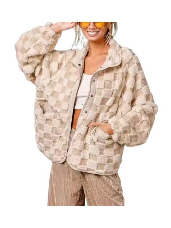 Jackets & Blazers - Women Winter Checkered Fleece Jacket Oversized Sherpa Shacket Faux Fur Coat